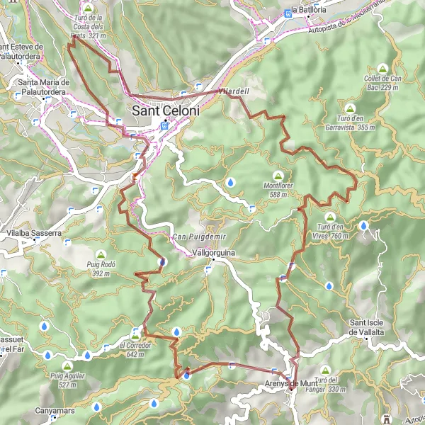 Miniaturní mapa "Gravelová trasa kolem Arenys de Munt" inspirace pro cyklisty v oblasti Cataluña, Spain. Vytvořeno pomocí plánovače tras Tarmacs.app
