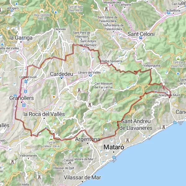 Map miniature of "Gravel Route starting near Arenys de Munt" cycling inspiration in Cataluña, Spain. Generated by Tarmacs.app cycling route planner