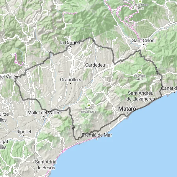Miniature de la carte de l'inspiration cycliste "Le Circuit Côtier d'Arenys de Munt" dans la Cataluña, Spain. Générée par le planificateur d'itinéraire cycliste Tarmacs.app