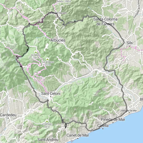 Karten-Miniaturansicht der Radinspiration "Rundfahrt über Collsacreu und Sant Hilari Sacalm" in Cataluña, Spain. Erstellt vom Tarmacs.app-Routenplaner für Radtouren