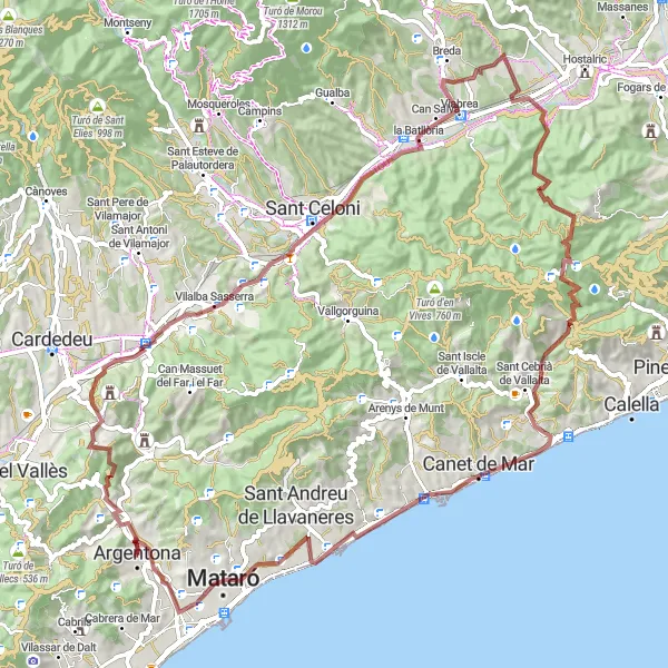 Miniaturekort af cykelinspirationen "Spændende gravelrute til Torre de la Timba" i Cataluña, Spain. Genereret af Tarmacs.app cykelruteplanlægger