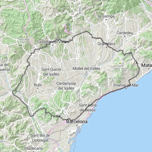 Miniatua del mapa de inspiración ciclista "Gran recorrido por Montgat a la Creu dels Tres Batlles" en Cataluña, Spain. Generado por Tarmacs.app planificador de rutas ciclistas