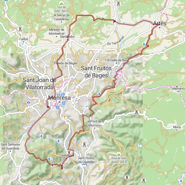 Map miniature of "Artés to Santpedor Gravel Adventure" cycling inspiration in Cataluña, Spain. Generated by Tarmacs.app cycling route planner