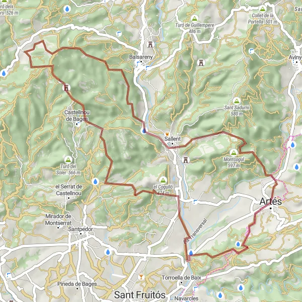 Map miniature of "Gravel Adventure: The Hidden Trails of Artés" cycling inspiration in Cataluña, Spain. Generated by Tarmacs.app cycling route planner