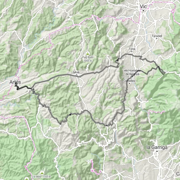 Miniature de la carte de l'inspiration cycliste "Aventure à vélo à travers les montagnes et villages" dans la Cataluña, Spain. Générée par le planificateur d'itinéraire cycliste Tarmacs.app