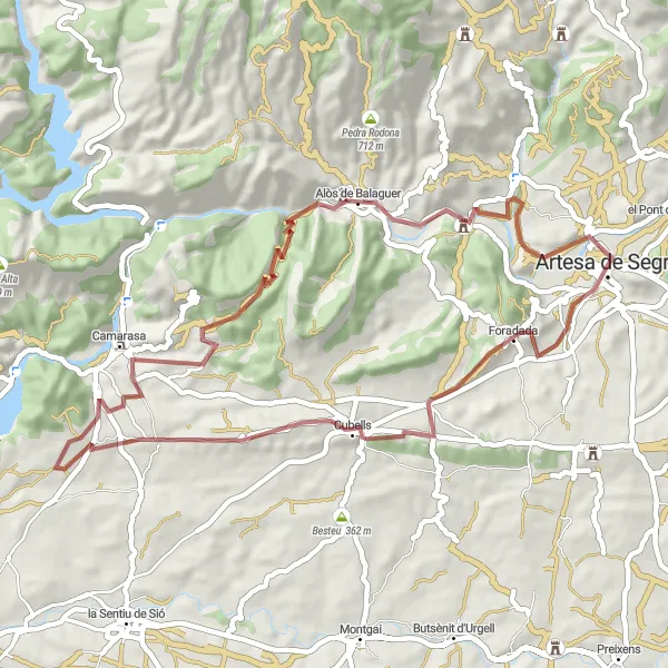 Karten-Miniaturansicht der Radinspiration "Gravelroute um Artesa de Segre" in Cataluña, Spain. Erstellt vom Tarmacs.app-Routenplaner für Radtouren