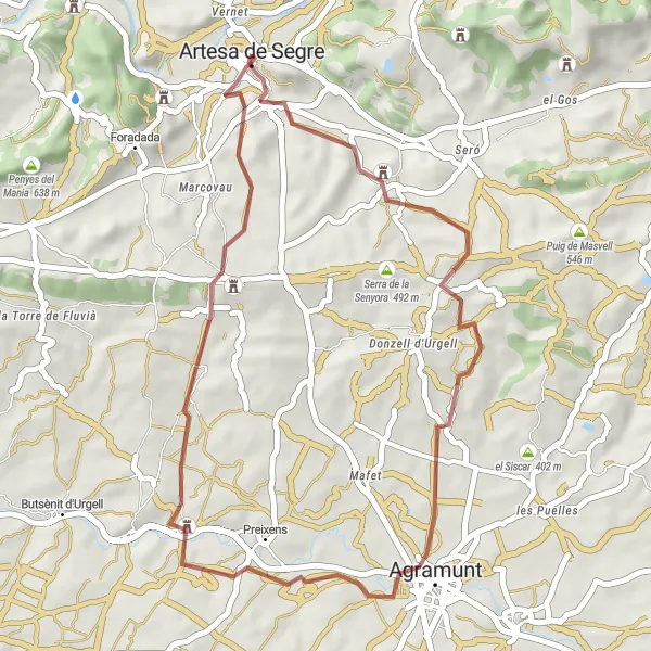 Miniatuurkaart van de fietsinspiratie "Korte graveltocht van 39 km in de omgeving van Artesa de Segre" in Cataluña, Spain. Gemaakt door de Tarmacs.app fietsrouteplanner