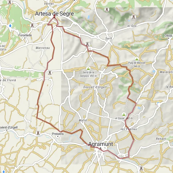 Miniature de la carte de l'inspiration cycliste "Circuit Gravier autour d'Artesa de Segre" dans la Cataluña, Spain. Générée par le planificateur d'itinéraire cycliste Tarmacs.app