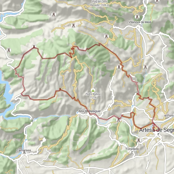 Miniatura della mappa di ispirazione al ciclismo "Escursione in bicicletta tra natura e cultura partendo da Artesa de Segre" nella regione di Cataluña, Spain. Generata da Tarmacs.app, pianificatore di rotte ciclistiche