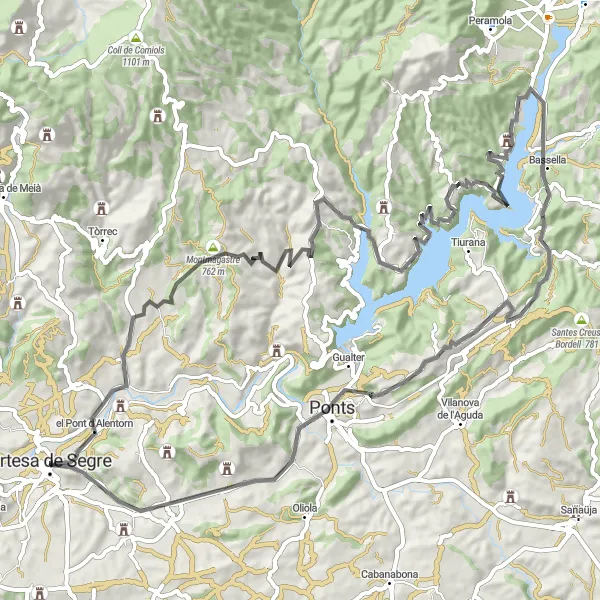 Map miniature of "Road Cycling Through Villaplana" cycling inspiration in Cataluña, Spain. Generated by Tarmacs.app cycling route planner