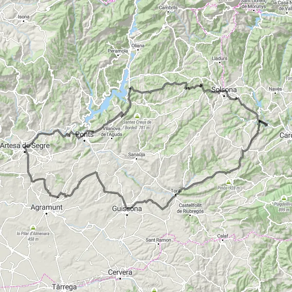 Karten-Miniaturansicht der Radinspiration "Herausfordernde Radtour ab Artesa de Segre" in Cataluña, Spain. Erstellt vom Tarmacs.app-Routenplaner für Radtouren