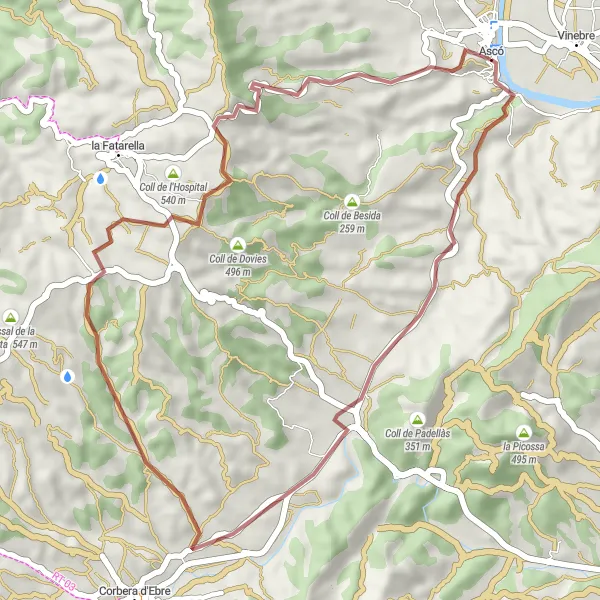 Miniatura della mappa di ispirazione al ciclismo "Escursione in Gravel da Ascó" nella regione di Cataluña, Spain. Generata da Tarmacs.app, pianificatore di rotte ciclistiche