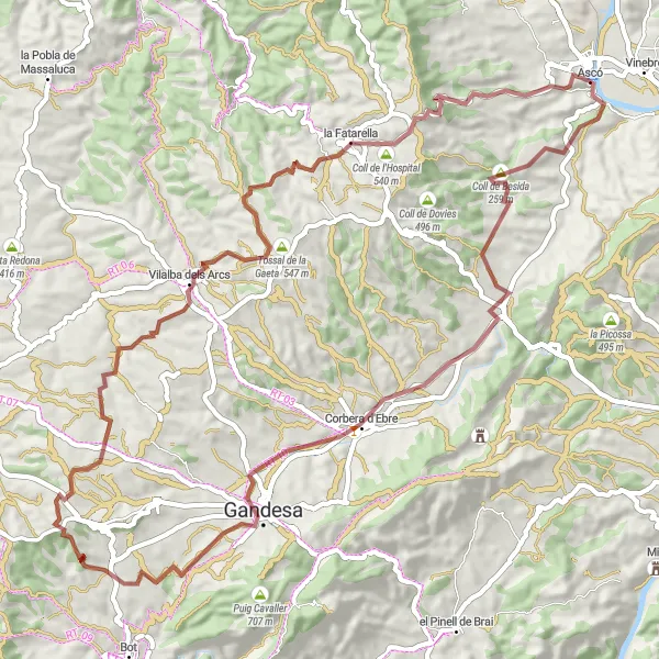 Miniatuurkaart van de fietsinspiratie "Gravelrit naar Mirador del Bassot" in Cataluña, Spain. Gemaakt door de Tarmacs.app fietsrouteplanner