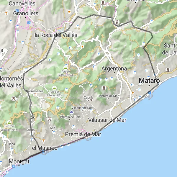 Map miniature of "Hidden Gems of Maresme" cycling inspiration in Cataluña, Spain. Generated by Tarmacs.app cycling route planner