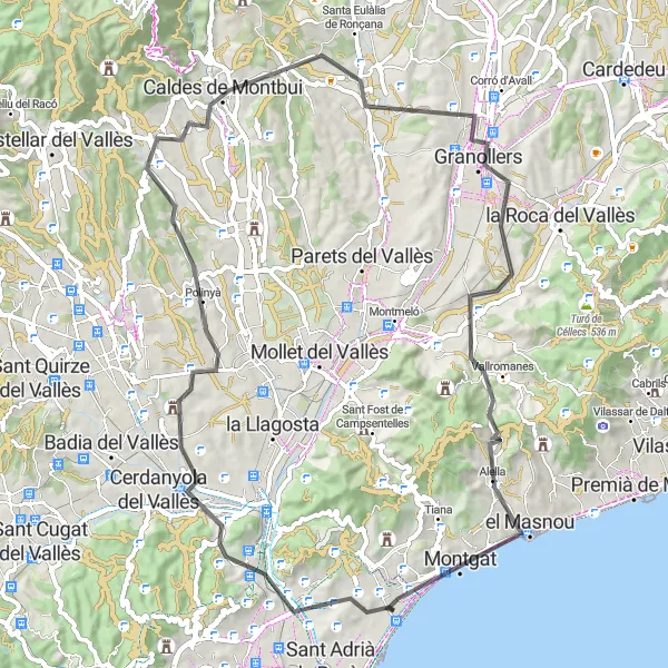Miniature de la carte de l'inspiration cycliste "Escapade à vélo à travers les collines de Badalona" dans la Cataluña, Spain. Générée par le planificateur d'itinéraire cycliste Tarmacs.app
