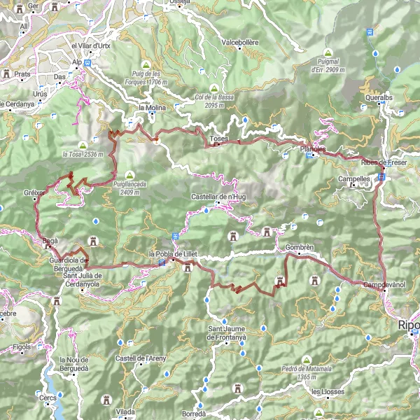Map miniature of "Palau de Pinós-Gravel Route" cycling inspiration in Cataluña, Spain. Generated by Tarmacs.app cycling route planner