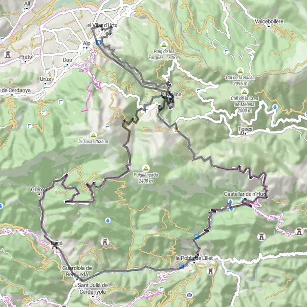 Miniatuurkaart van de fietsinspiratie "Catalaans Road Trip naar Coll de la Creueta" in Cataluña, Spain. Gemaakt door de Tarmacs.app fietsrouteplanner