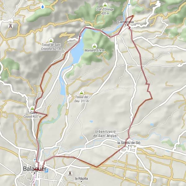 Miniatura della mappa di ispirazione al ciclismo "Giro in bicicletta da Balaguer a la Sentiu de Sió" nella regione di Cataluña, Spain. Generata da Tarmacs.app, pianificatore di rotte ciclistiche