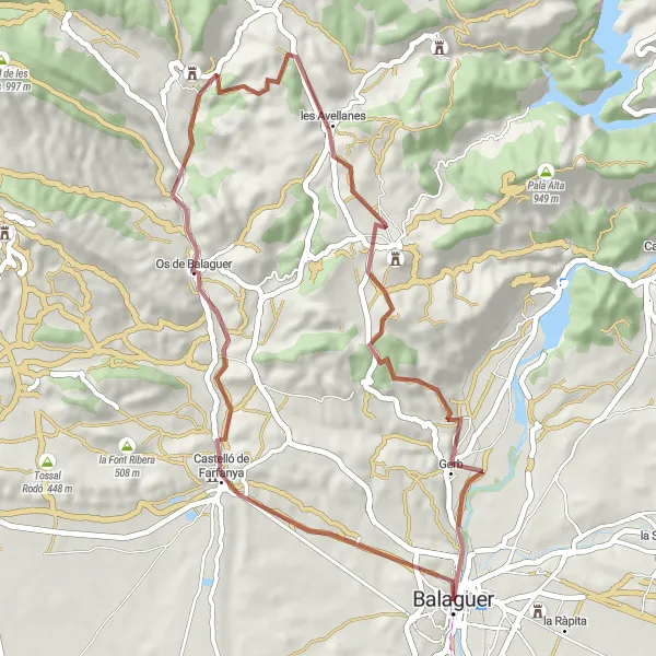 Karten-Miniaturansicht der Radinspiration "Gravelabenteuer um Balaguer" in Cataluña, Spain. Erstellt vom Tarmacs.app-Routenplaner für Radtouren