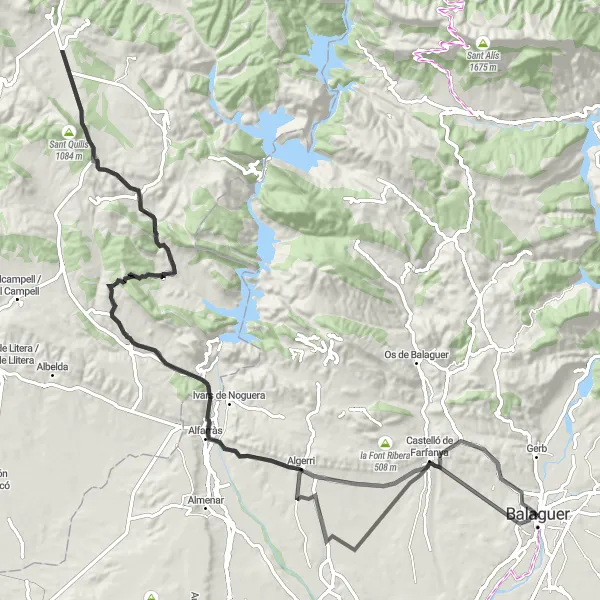 Miniatura della mappa di ispirazione al ciclismo "Giro in bicicletta da Balaguer a Mirador del Bombo" nella regione di Cataluña, Spain. Generata da Tarmacs.app, pianificatore di rotte ciclistiche