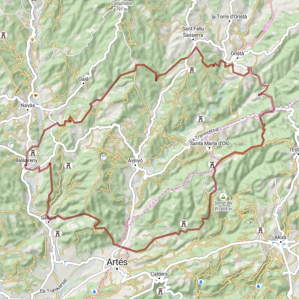 Miniature de la carte de l'inspiration cycliste "Escapade vers le Serrat de la Guineu et Oristà" dans la Cataluña, Spain. Générée par le planificateur d'itinéraire cycliste Tarmacs.app