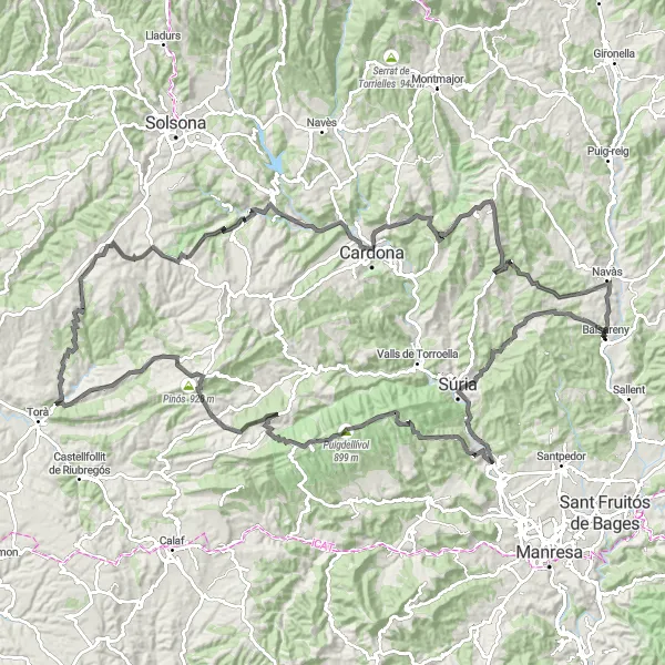 Miniatura della mappa di ispirazione al ciclismo "Scorci suggestivi vicino a Balsareny" nella regione di Cataluña, Spain. Generata da Tarmacs.app, pianificatore di rotte ciclistiche