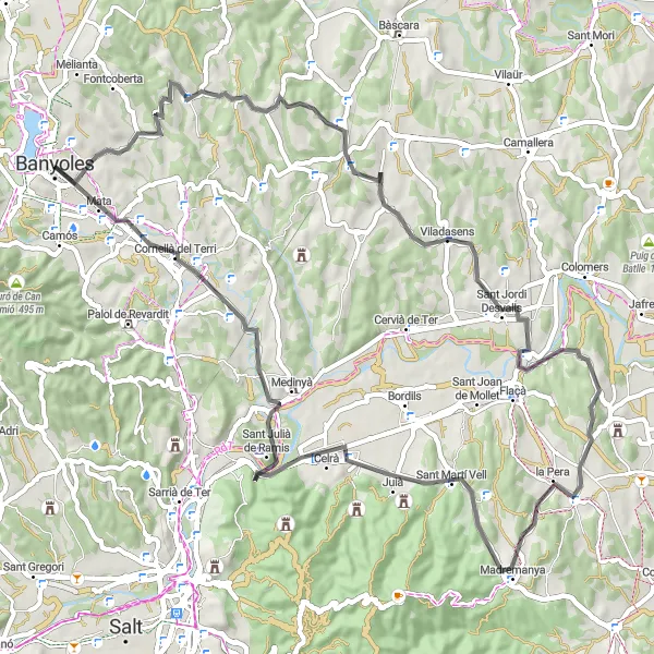 Miniatuurkaart van de fietsinspiratie "Tocht door Banyoles en Púbol met uitdagende klim naar Turó del Puig" in Cataluña, Spain. Gemaakt door de Tarmacs.app fietsrouteplanner