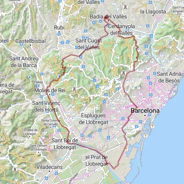 Karten-Miniaturansicht der Radinspiration "Gravel-Entdeckungstour durch Molins de Rei" in Cataluña, Spain. Erstellt vom Tarmacs.app-Routenplaner für Radtouren