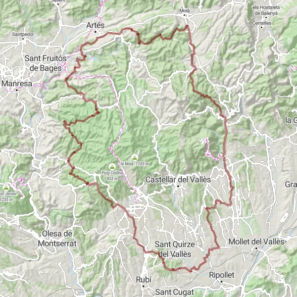 Miniatura della mappa di ispirazione al ciclismo "Avventura gravel di 142 km nei dintorni di Barberà del Vallès" nella regione di Cataluña, Spain. Generata da Tarmacs.app, pianificatore di rotte ciclistiche