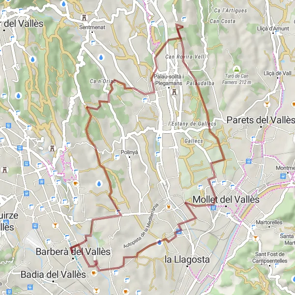 Miniaturní mapa "Gravel Adventure to Santiga, Palau-solità i Plegamans, and Castell de Mogoda" inspirace pro cyklisty v oblasti Cataluña, Spain. Vytvořeno pomocí plánovače tras Tarmacs.app