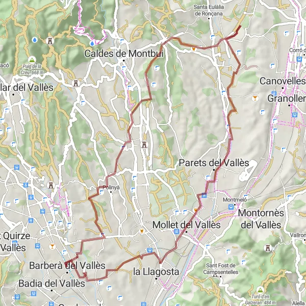 Miniatura della mappa di ispirazione al ciclismo "Tragitto in bicicletta verso Lliçà de Vall" nella regione di Cataluña, Spain. Generata da Tarmacs.app, pianificatore di rotte ciclistiche