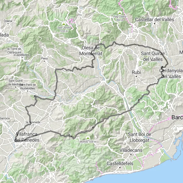 Miniaturní mapa "Road Cycling Route to Badia del Vallès and Olesa de Bonesvalls" inspirace pro cyklisty v oblasti Cataluña, Spain. Vytvořeno pomocí plánovače tras Tarmacs.app