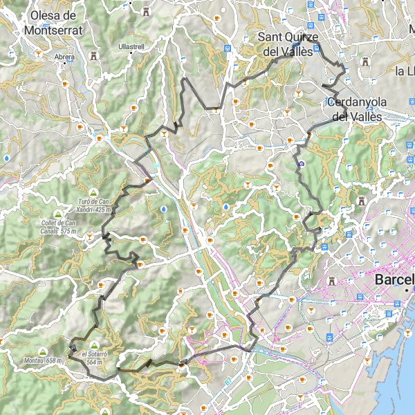Miniatura della mappa di ispirazione al ciclismo "Giro in bici di 105 km da Barberà del Vallès" nella regione di Cataluña, Spain. Generata da Tarmacs.app, pianificatore di rotte ciclistiche