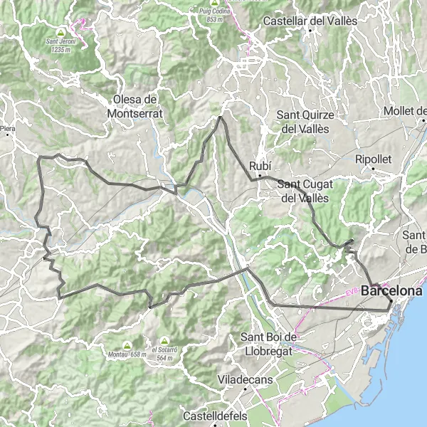 Miniatua del mapa de inspiración ciclista "Ruta en bicicleta de carretera desde Barcelona" en Cataluña, Spain. Generado por Tarmacs.app planificador de rutas ciclistas