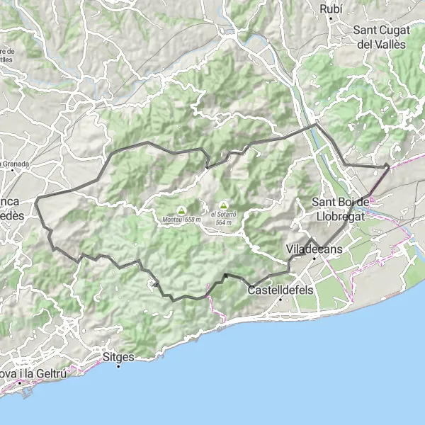 Miniatuurkaart van de fietsinspiratie "Rondje Viladecans - Sant Feliu de Llobregat" in Cataluña, Spain. Gemaakt door de Tarmacs.app fietsrouteplanner