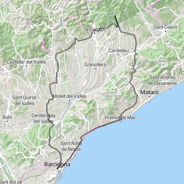 Miniatura della mappa di ispirazione al ciclismo "Avventura su strada tra le colline di Barcellona" nella regione di Cataluña, Spain. Generata da Tarmacs.app, pianificatore di rotte ciclistiche