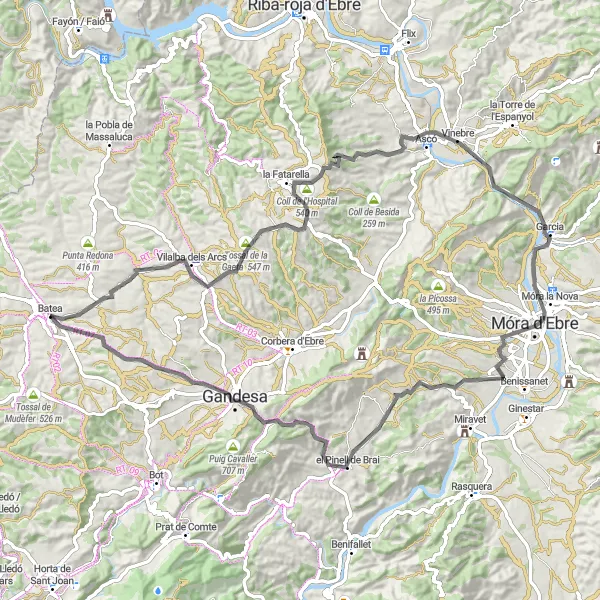 Miniatura della mappa di ispirazione al ciclismo "Tra Batea e Puntal de l'Ós" nella regione di Cataluña, Spain. Generata da Tarmacs.app, pianificatore di rotte ciclistiche