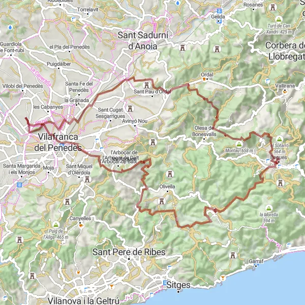 Map miniature of "Gravel Adventure with Scenic Views" cycling inspiration in Cataluña, Spain. Generated by Tarmacs.app cycling route planner