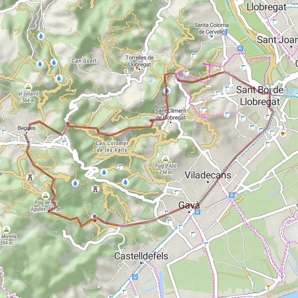 Miniatuurkaart van de fietsinspiratie "Gravelpad door pittoreske omgeving van Begues" in Cataluña, Spain. Gemaakt door de Tarmacs.app fietsrouteplanner