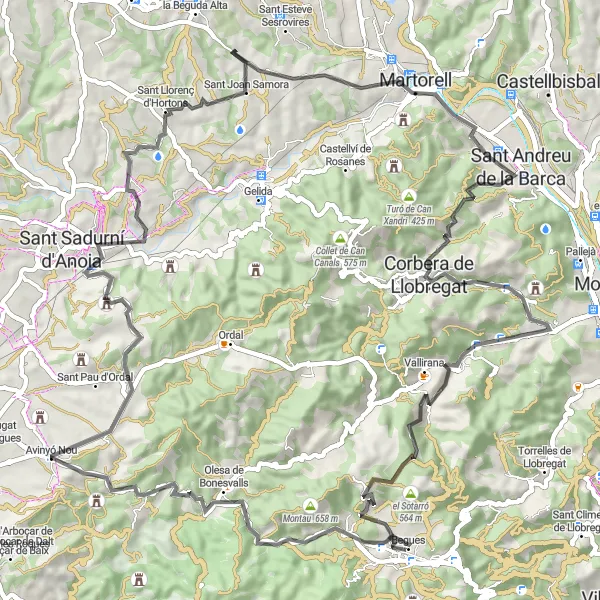 Karten-Miniaturansicht der Radinspiration "Road Cycling Abenteuer rund um Begues" in Cataluña, Spain. Erstellt vom Tarmacs.app-Routenplaner für Radtouren
