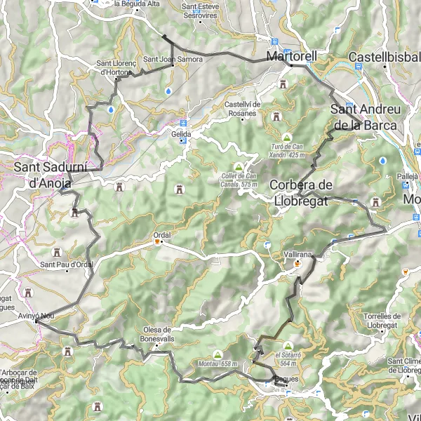 Map miniature of "Road Cycling Challenge around Begues" cycling inspiration in Cataluña, Spain. Generated by Tarmacs.app cycling route planner