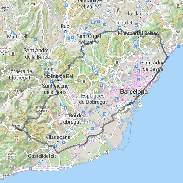 Miniatua del mapa de inspiración ciclista "Ruta escénica desde Begues pasando por Montjuïc y Turó de Guiera" en Cataluña, Spain. Generado por Tarmacs.app planificador de rutas ciclistas