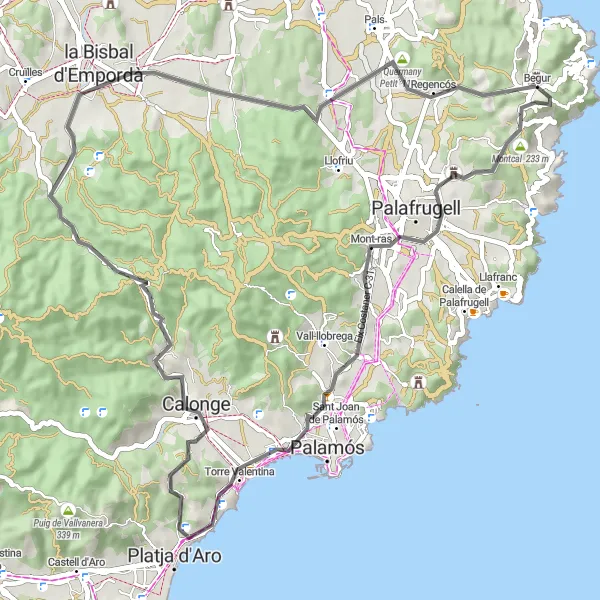 Miniature de la carte de l'inspiration cycliste "Tour des Trois Puigs" dans la Cataluña, Spain. Générée par le planificateur d'itinéraire cycliste Tarmacs.app