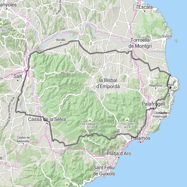 Miniature de la carte de l'inspiration cycliste "Route des Cinq Puigs" dans la Cataluña, Spain. Générée par le planificateur d'itinéraire cycliste Tarmacs.app