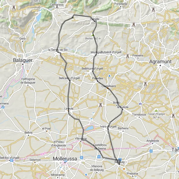 Miniaturní mapa "Okružní jízda po kopcích kolem Bellpuigu" inspirace pro cyklisty v oblasti Cataluña, Spain. Vytvořeno pomocí plánovače tras Tarmacs.app