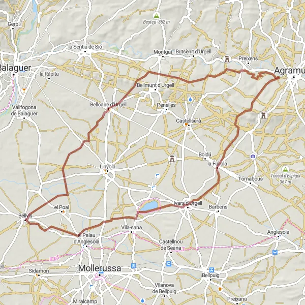 Miniatura della mappa di ispirazione al ciclismo "Giro in bicicletta su strade sterrate tra Bellvís e Mirador de Vall" nella regione di Cataluña, Spain. Generata da Tarmacs.app, pianificatore di rotte ciclistiche