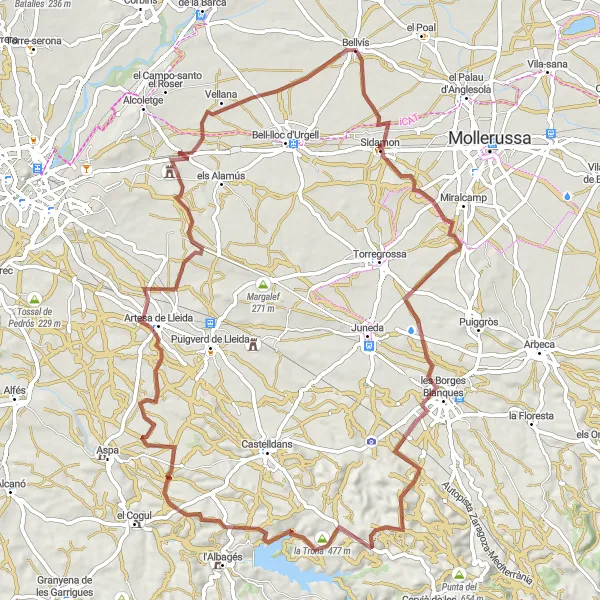 Miniatura della mappa di ispirazione al ciclismo "Esplorazione del territorio tra Bellvís e Artesa de Lleida" nella regione di Cataluña, Spain. Generata da Tarmacs.app, pianificatore di rotte ciclistiche