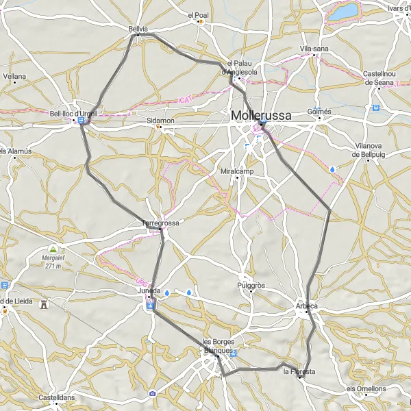 Miniatua del mapa de inspiración ciclista "Ruta Bellvís - Mollerussa - Castell de la Floresta - Tossal de les Forques - Torregrossa - Bellvís" en Cataluña, Spain. Generado por Tarmacs.app planificador de rutas ciclistas