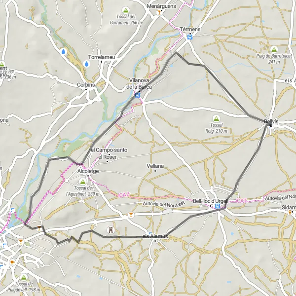 Map miniature of "Road Route from Bellvís to Els Alamús, Tossal de Moradilla, and Vilanova de la Barca" cycling inspiration in Cataluña, Spain. Generated by Tarmacs.app cycling route planner