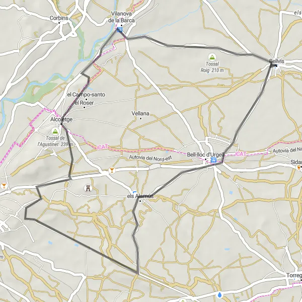 Miniatura della mappa di ispirazione al ciclismo "Tour cicloturistico tra Bellvís e Tossal Roig" nella regione di Cataluña, Spain. Generata da Tarmacs.app, pianificatore di rotte ciclistiche